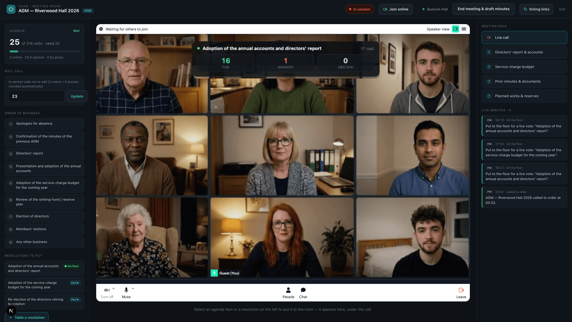 Cuan's live AGM meeting room: a hybrid video call with live quorum, roll call, the order of business, on-screen voting and minutes drafted in real time